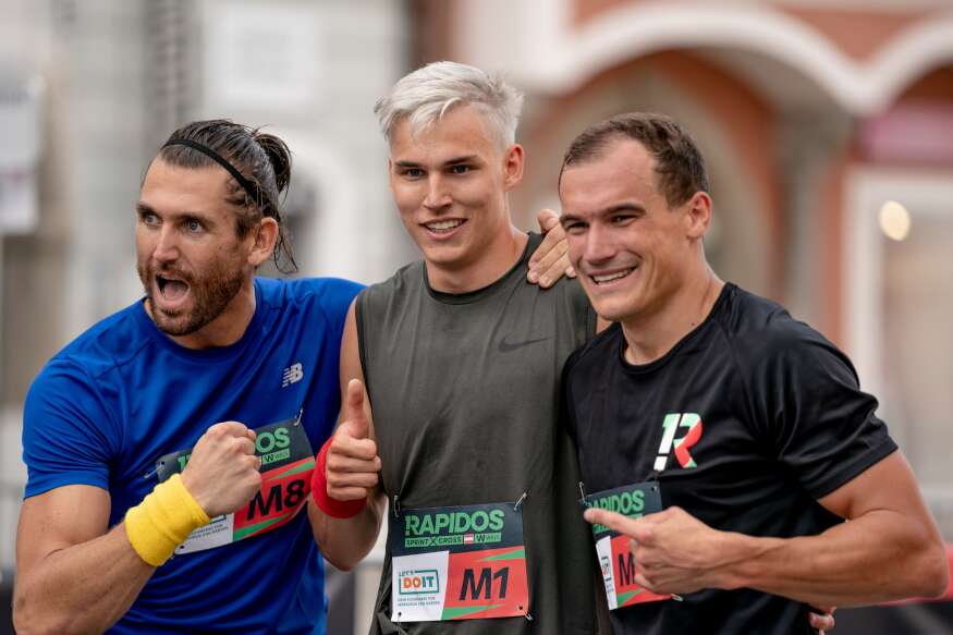 Athletes perform during the Rapidos Sprint-Cross in Wels, Austria on August 07, 2021. In this World premiere athletes compete on the original Olympic distances of 192,27 meters in this four cross run in a knock out system.